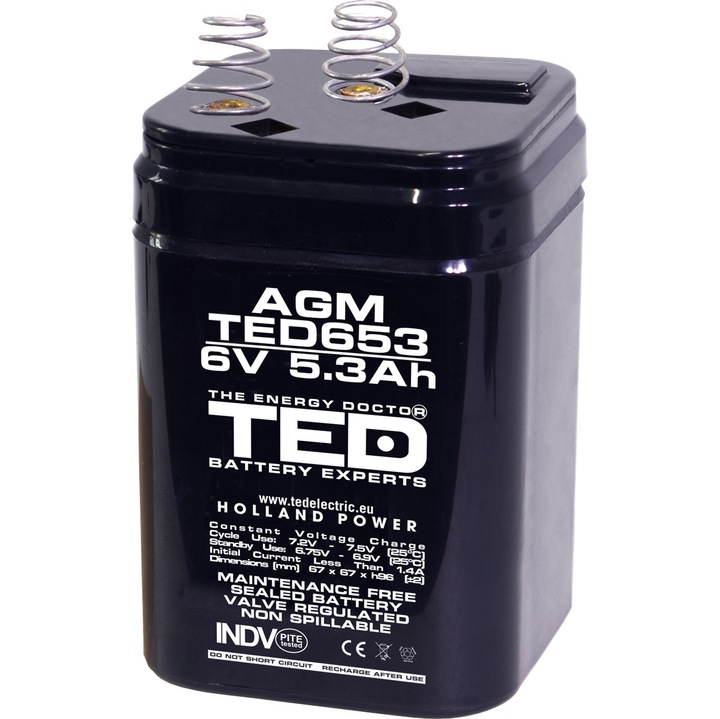 Acumulator Stationar AGM VRLA Etans 6V 5.3A cu Arcuri, Dimensiuni 67mm x 67mm x h96mm, TED Electric