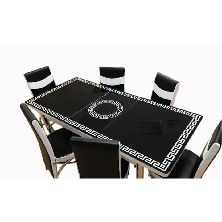 Set Masa extensibila 6 pers blat sticla+6 scaune piele eco Elt Modella,Alb negru vrsc, 170 x 80 x 70 cm