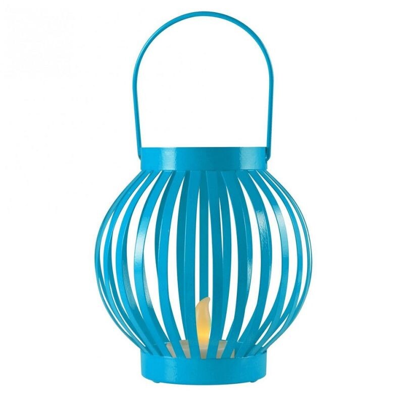 Felinar cu candela LED, efect flacara, 12x11 cm, metal, interior, albastru