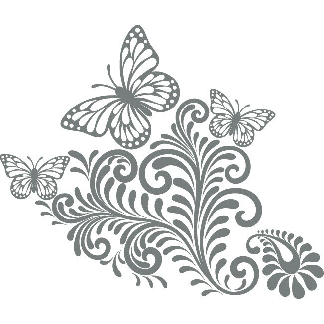 Fluturi si frunze - Sticker Decorativ - Gri Metal - 98 x 83 cm