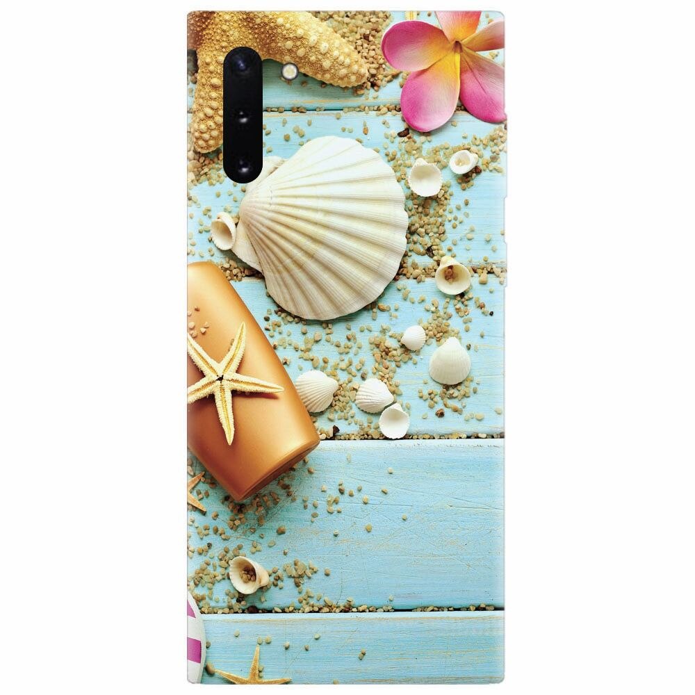 Husa silicon pentru Samsung Galaxy Note 10, Blue Wood Seashells Sea Star