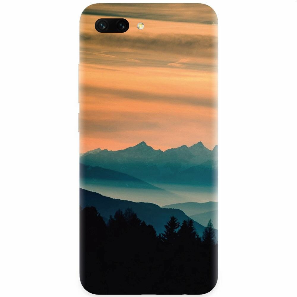 Husa silicon pentru Honor 10, Blue Mountains Orange Clouds Sunset Landscape