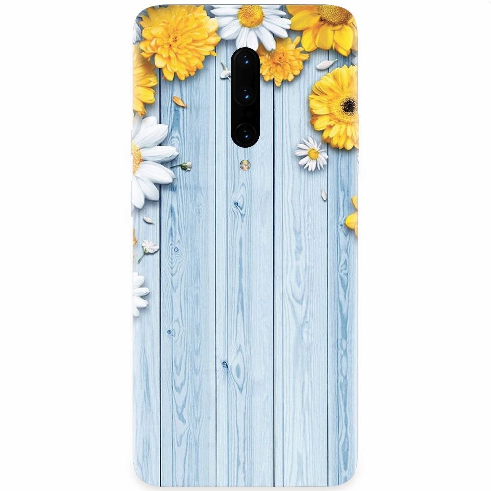 Husa silicon pentru OnePlus 7 Pro, Sunflower On Blue Wood