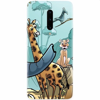 Husa silicon pentru OnePlus 7 Pro, Children Drawings Elephants Giraffes Lions Husa silicon pentru OnePlus 7 Pro, Children Drawings Elephants Giraffes Lions
