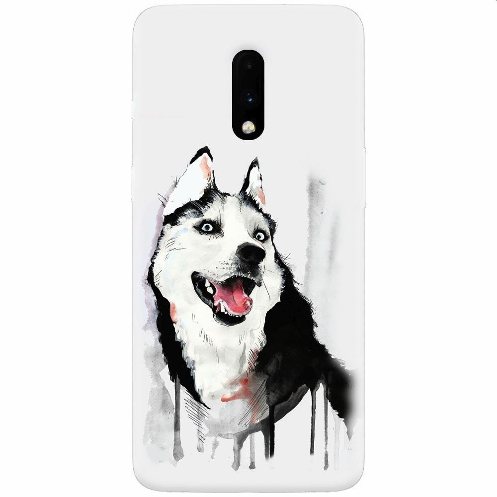 Husa silicon pentru OnePlus 7, Husky Dog Watercolor Illustration