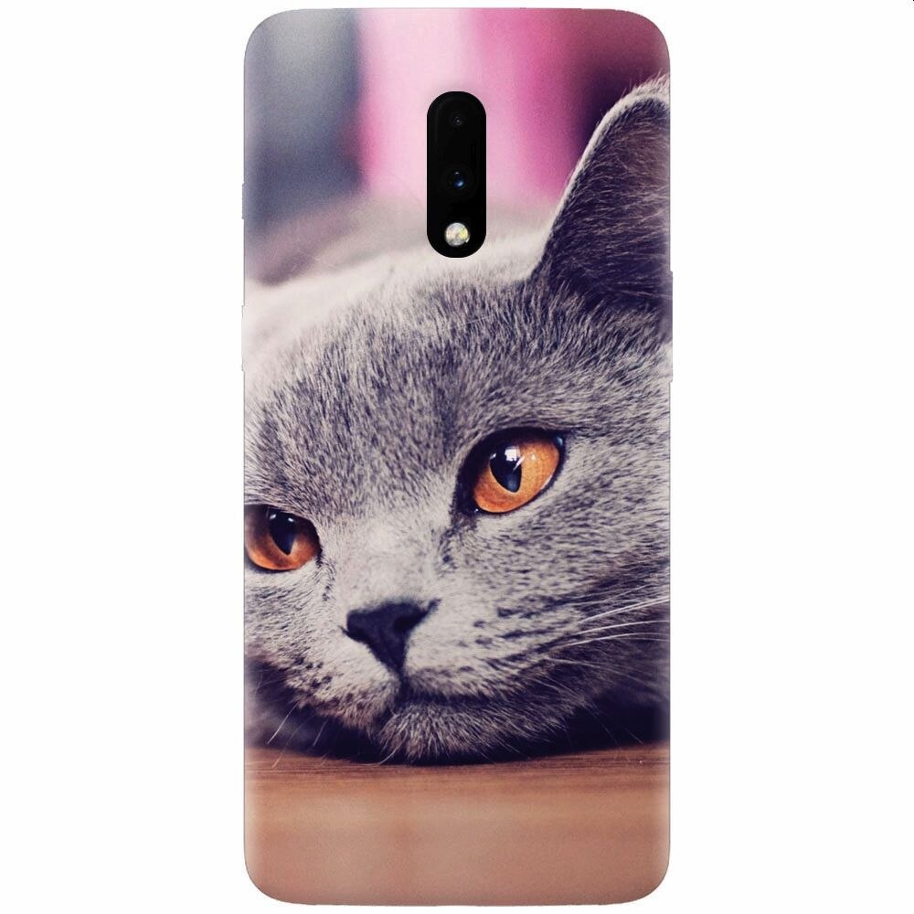 Husa silicon pentru OnePlus 7, British Shorthair Cat Yellow Eyes Portrait
