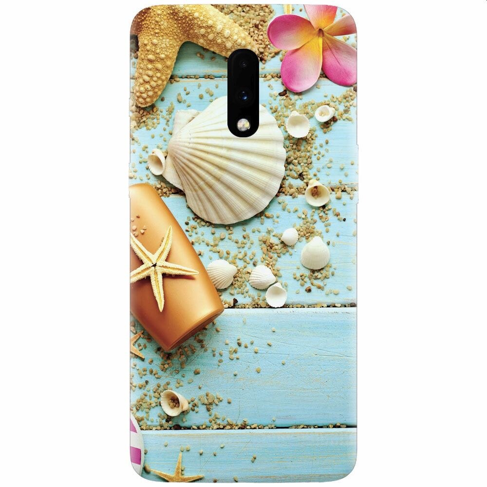 Husa silicon pentru OnePlus 7, Blue Wood Seashells Sea Star