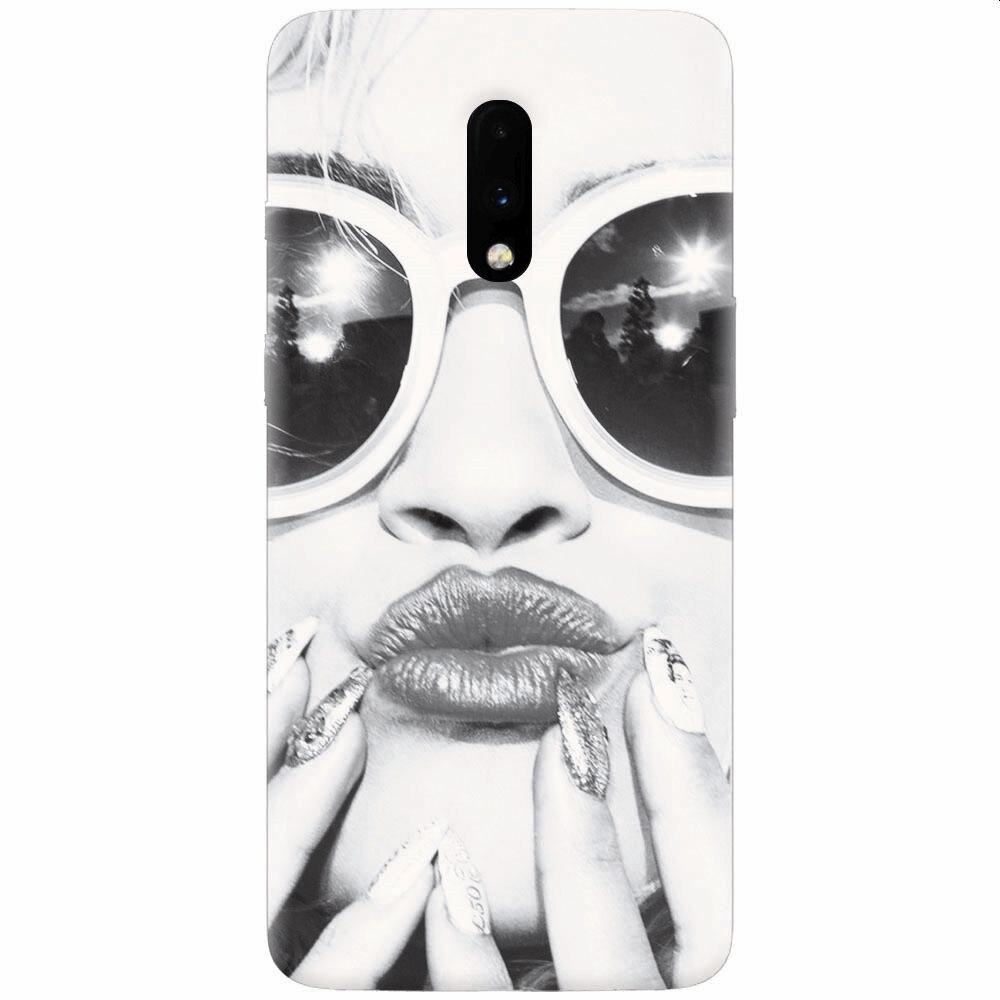 Husa silicon pentru OnePlus 7, Black And White Portrait Blonde Model In Fashion Sunglasses