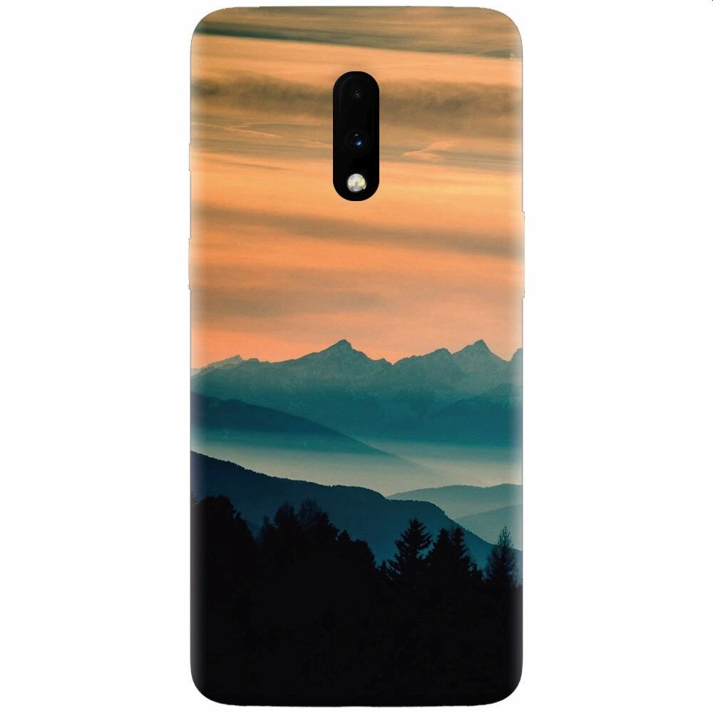 Husa silicon pentru OnePlus 7, Blue Mountains Orange Clouds Sunset Landscape