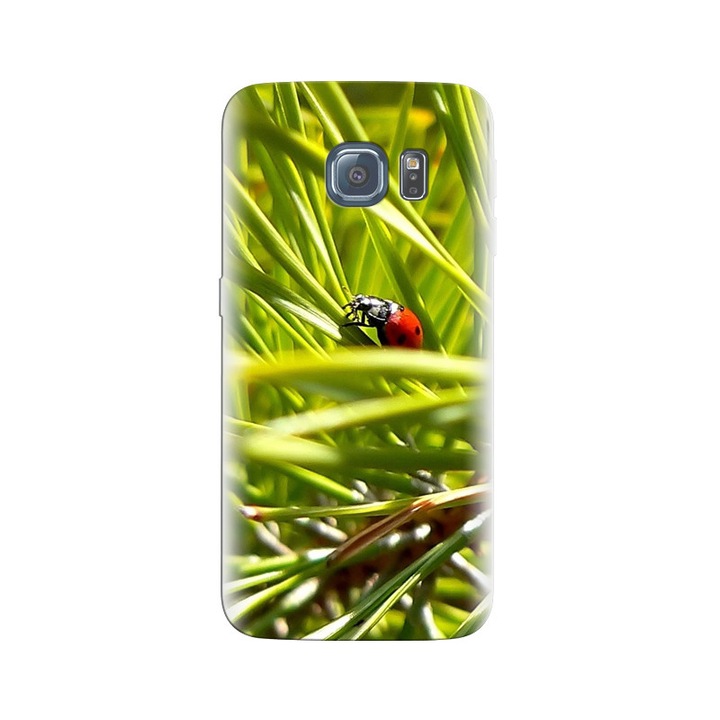 Husa din silicon compatibila cu Samsung Galaxy S6 Edge - model Macro Ladybug Green Grass