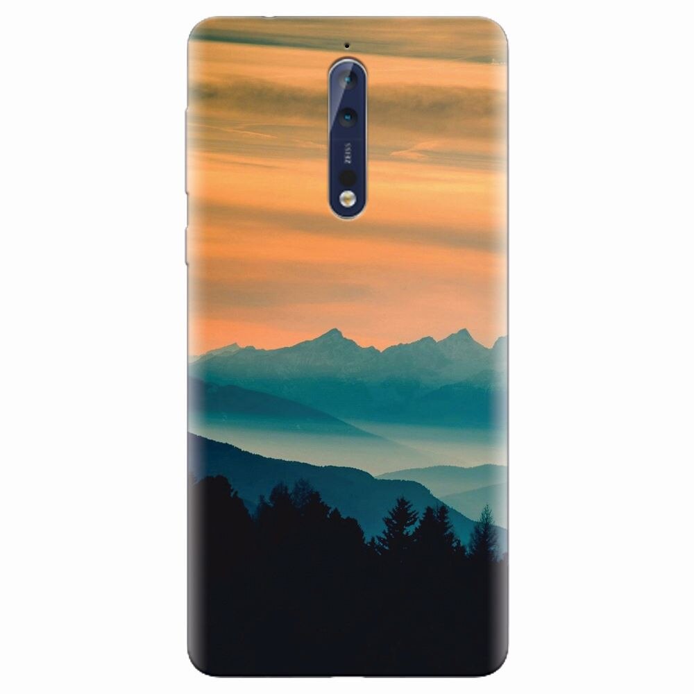 Husa silicon pentru Nokia 8, Blue Mountains Orange Clouds Sunset Landscape
