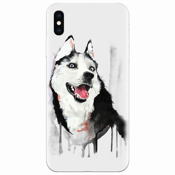 Husa silicon pentru Apple Iphone XS, Husky Dog Watercolor Illustration Husa silicon pentru Apple Iphone XS, Husky Dog Watercolor Illustration