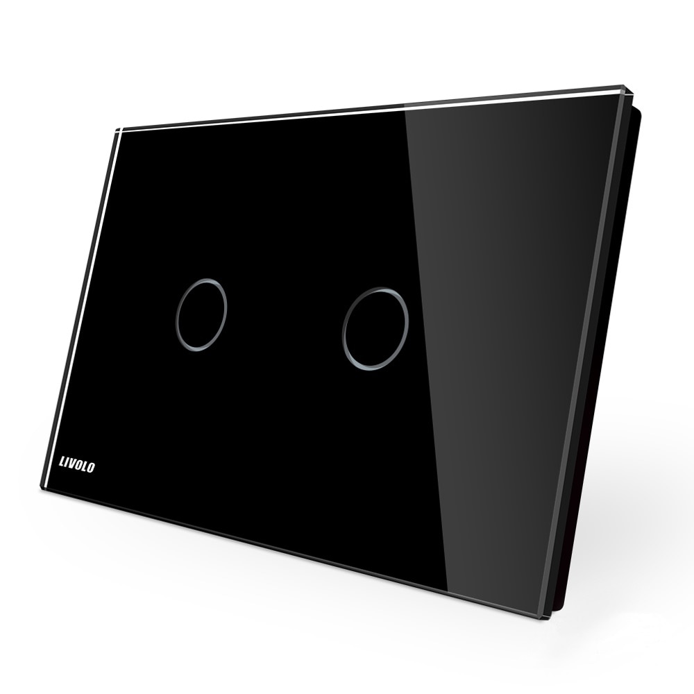 Intrerupator dublu cap scara / cap cruce wireless cu touch Livolo din sticla - standard italian, Negru