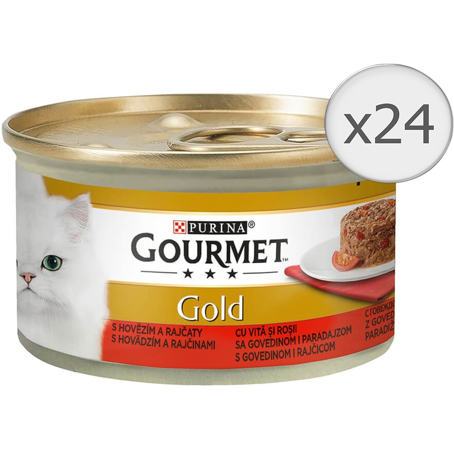 Hrana umeda pentru pisici Gourmet Gold Savoury Cake, Vita si Rosii, 24x85g