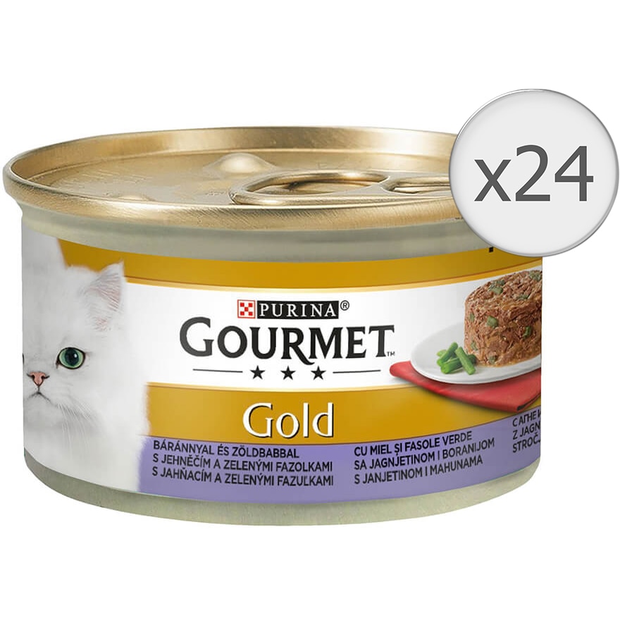 Hrana umeda pentru pisici Gourmet Gold Savoury Cake, Miel si Fasole Verde, 24x85g