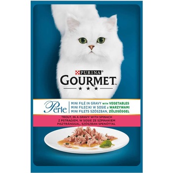 Hrana umeda pentru pisici Gourmet Perle, Mini Fileuri in Sos Pastrav si Spanac, 85g