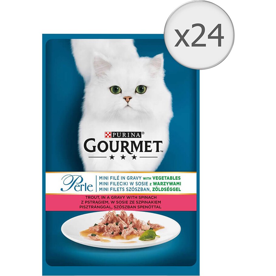 Hrana umeda pentru pisici Gourmet Perle, Mini Fileuri in Sos Pastrav si Spanac, 24x85g
