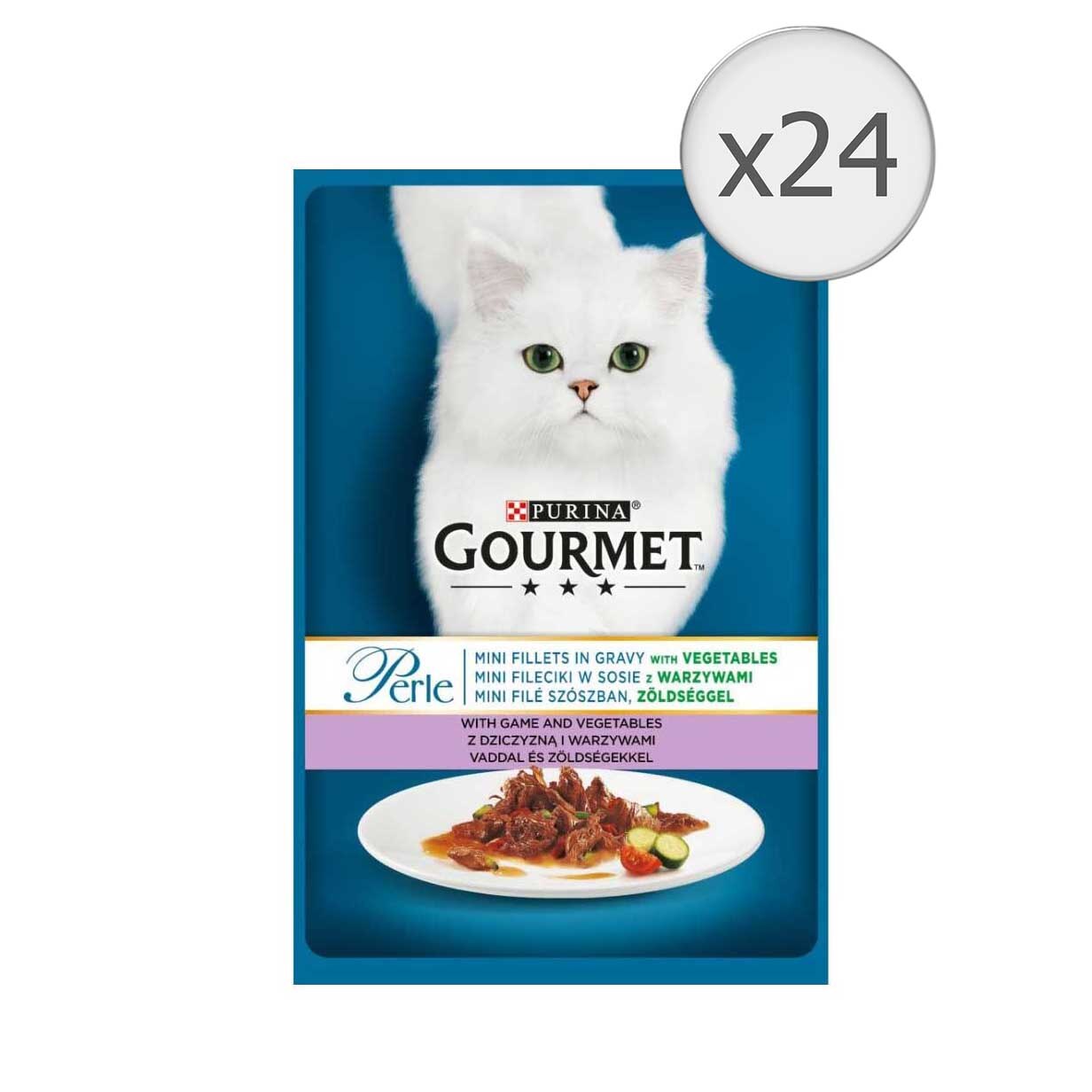 Hrana umeda pentru pisici Gourmet Perle, Mini Fileuri in Sos Vanat si Legume, 24x85g