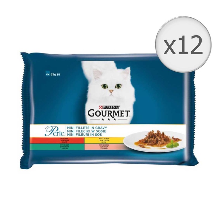 Hrana umeda pentru pisici Gourmet Perle, Multipack Mini Fileuri in Sos Vita, Pui, Iepure, Somon, 12x4x85g