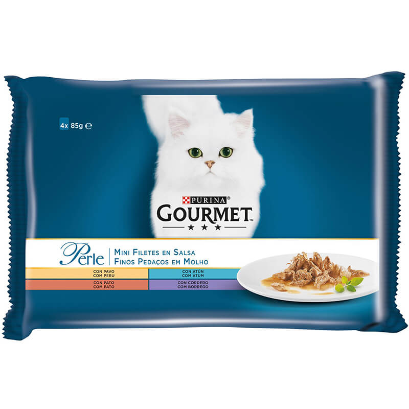 Hrana umeda pentru pisici Gourmet Perle, Multipack Mini Fileuri in Sos Rata, Curcan, Miel si Ton, 4x85g