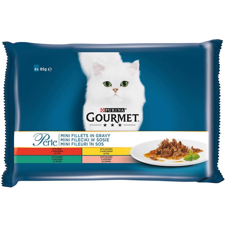 Hrana umeda pentru pisici Gourmet Perle, Multipack Mini Fileuri in Sos Miel, Pui, Vita, Iepure, 4 x 85 g