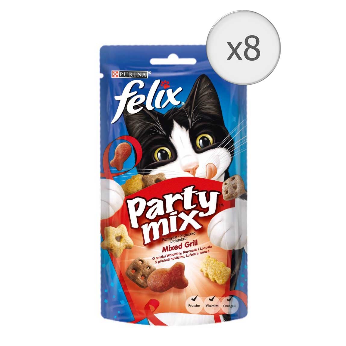 Recompense pentru pisici Felix Party Mix Mixed Grill, Pui, Vita si Somon, 8x60g