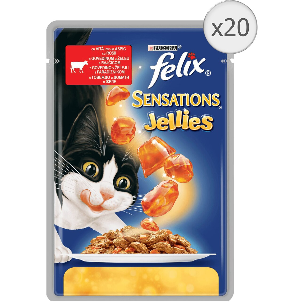 Hrana umeda pentru pisici Felix Sensations, Vita in Aspic cu Rosii, 20x100g