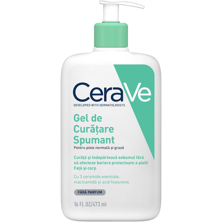 Gel de curatare spumant CeraVe, cu ceramide si niacinamida, pentru piele normal-grasa, 473 ml