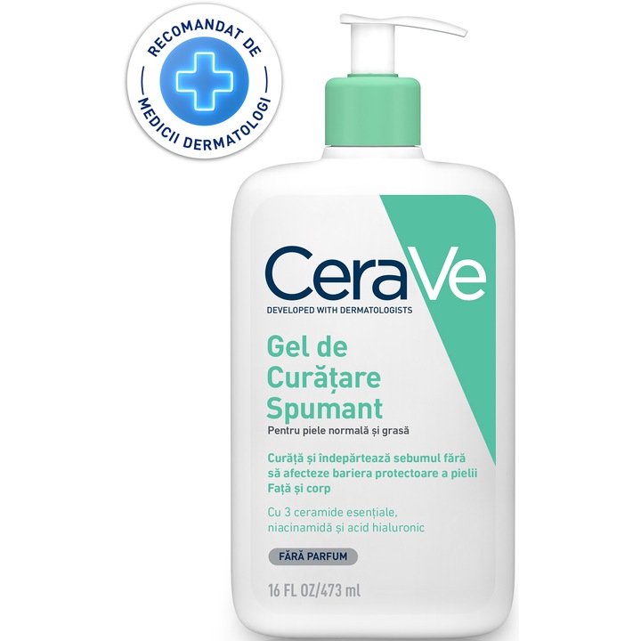 Gel de curatare spumant CeraVe, cu ceramide si niacinamida, pentru piele normal-grasa, 473 ml
