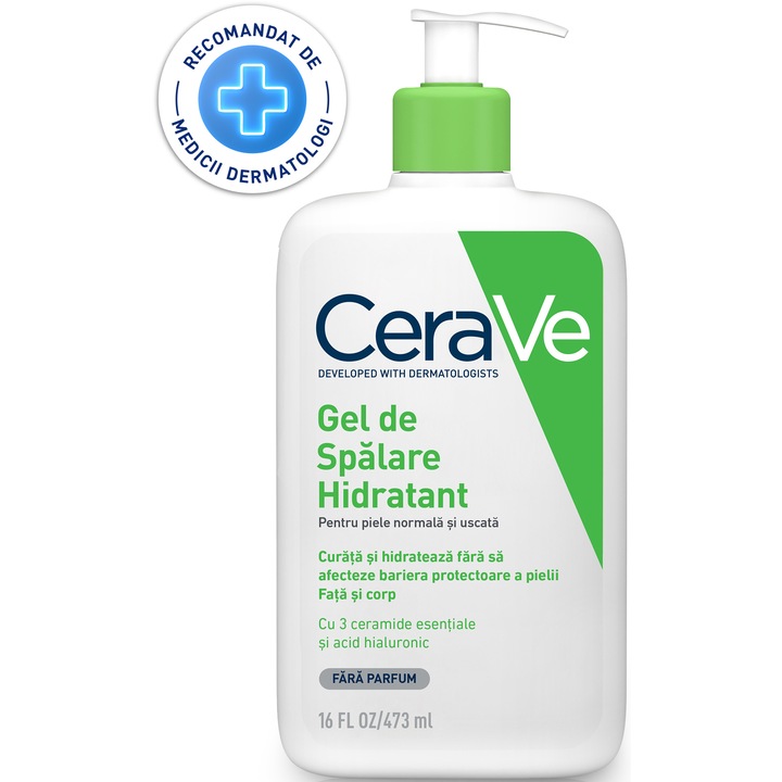 Gel de spalare hidratant CeraVe, cu ceramide si acid hialuronic, pentru piele normal-uscata, 473 ml