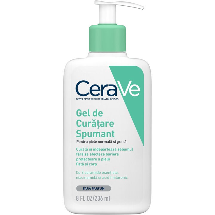 Gel de curatare spumant CeraVe, cu ceramide si niacinamida, pentru piele normal-grasa, 236 ml