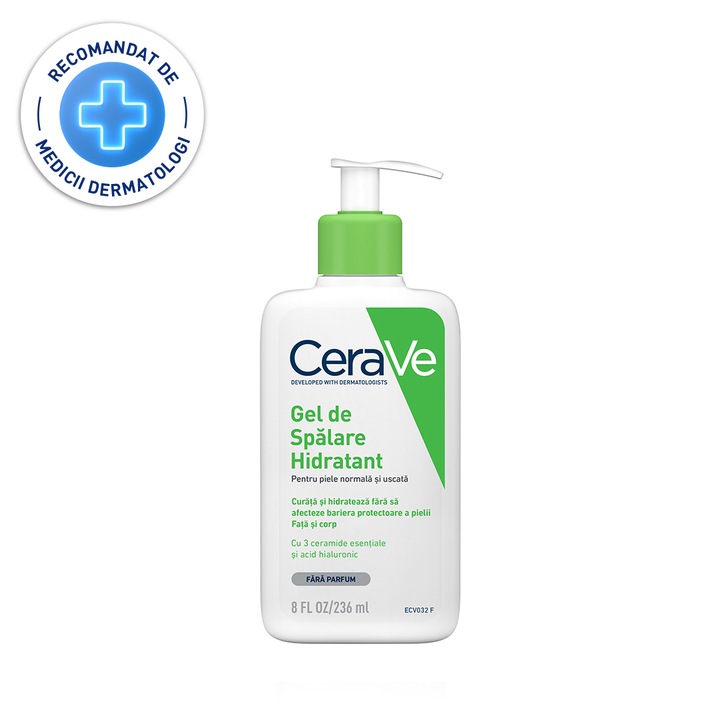 Gel de spalare hidratant CeraVe, cu ceramide si acid hialuronic, pentru piele normal-uscata, 236 ml