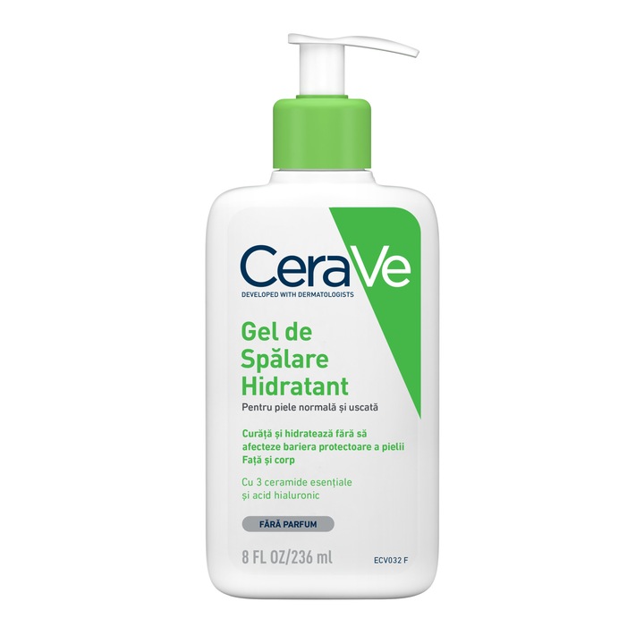 Gel de spalare hidratant CeraVe, cu ceramide si acid hialuronic, pentru piele normal-uscata, 236 ml