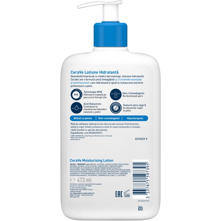 Lotiune hidratanta pentru fata si corp CeraVe cu ceramide si acid hialuronic, pentru piele uscata si foarte uscata, 473 ml