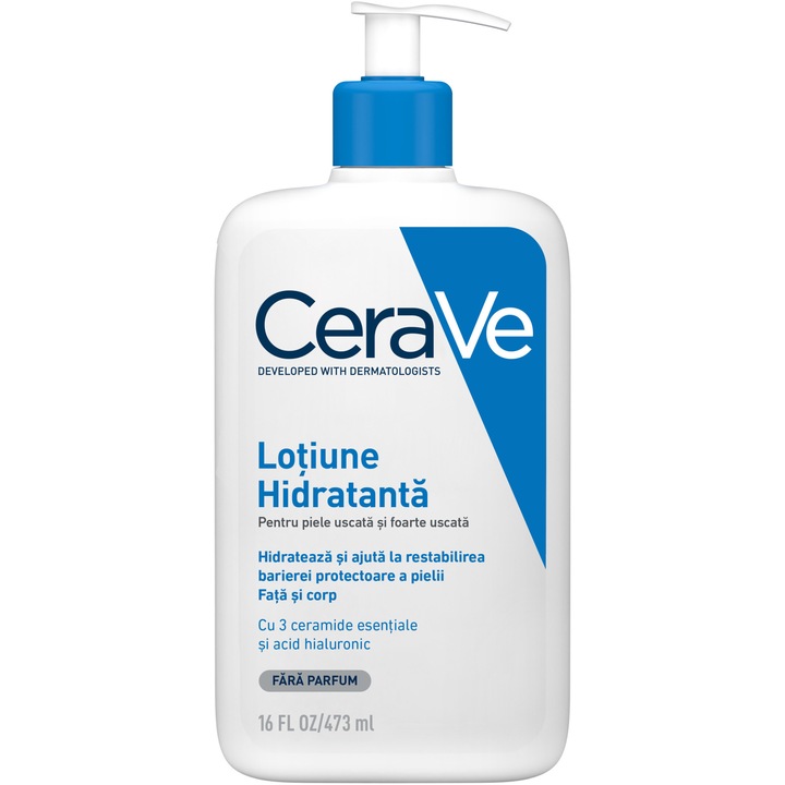 Lotiune hidratanta pentru fata si corp CeraVe cu ceramide si acid hialuronic, pentru piele uscata si foarte uscata, 473 ml