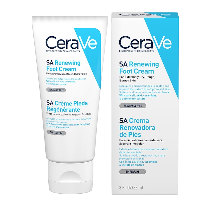 Crema reparatoare pentru picioare CeraVe cu ceramide si acid salicilic, pentru piele foarte uscata si aspra, 88 ml