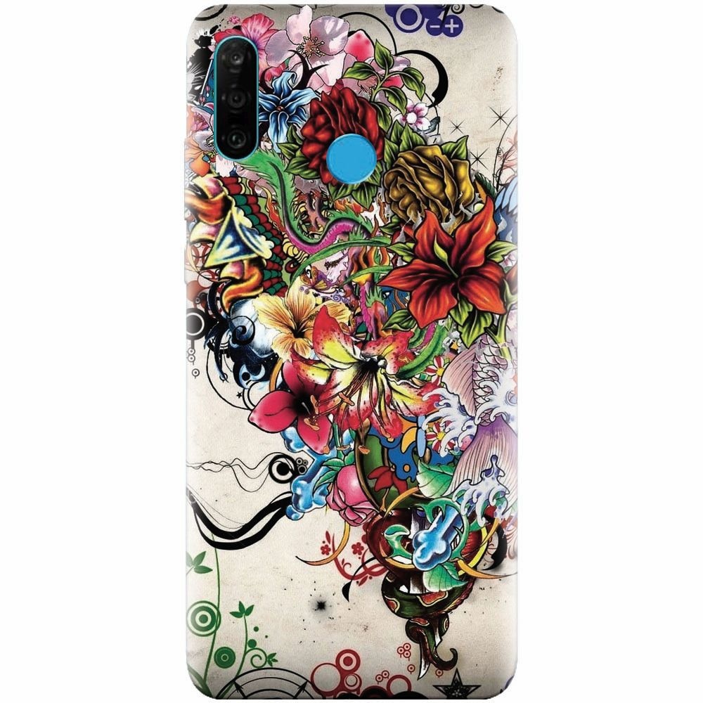 Husa silicon pentru Huawei P30 Lite, Abstract Flowers Tattoo Illustration