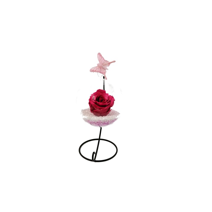 Trandafir Criogenat, roz fucsia, pe pat de pietricele, in bol de sticla cu fluture pe picior metalic