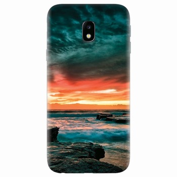 Husa silicon pentru Samsung Galaxy J7 2017, Dramatic Rocky Beach Shore Sunset Husa silicon pentru Samsung Galaxy J7 2017, Dramatic Rocky Beach Shore Sunset