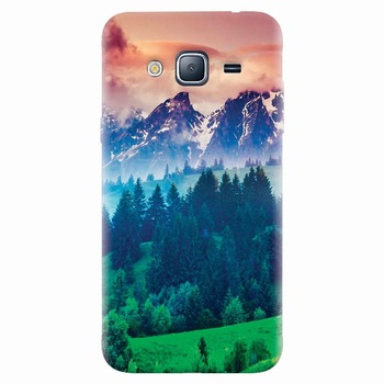 Husa silicon pentru Samsung Galaxy J5 2015, Forest Hills Snowy Mountains And Sunset Clouds Husa silicon pentru Samsung Galaxy J5 2015, Forest Hills Snowy Mountains And Sunset Clouds