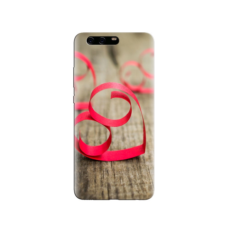 Husa Huawei P10 Red Ribbon Hearts Minimalist Wood Background