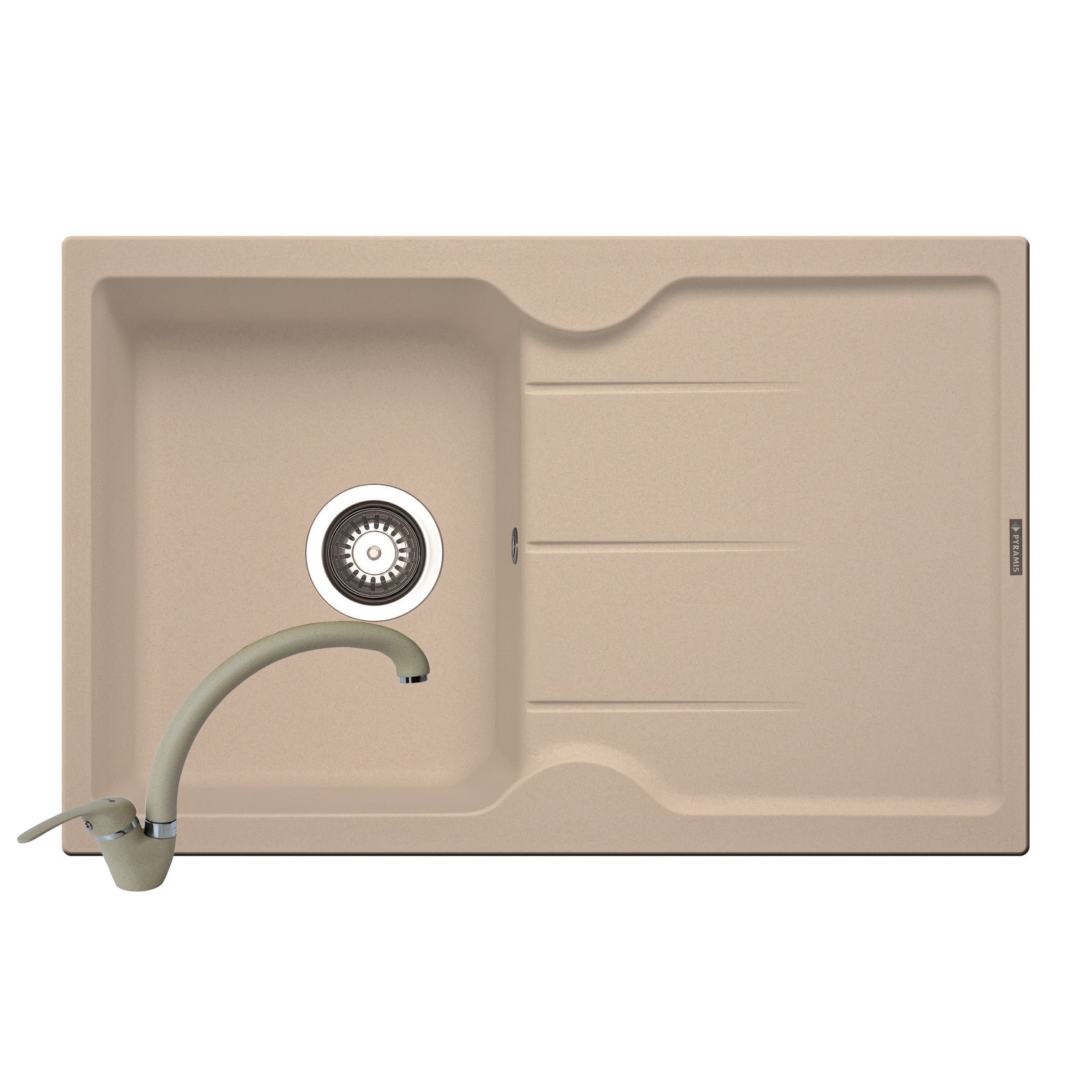 Set Pyramis chiuveta granit PORTOS si baterie OSSIA, 780x500mm, reversibila, adancime 175mm, pipa inalta, finisaj bej