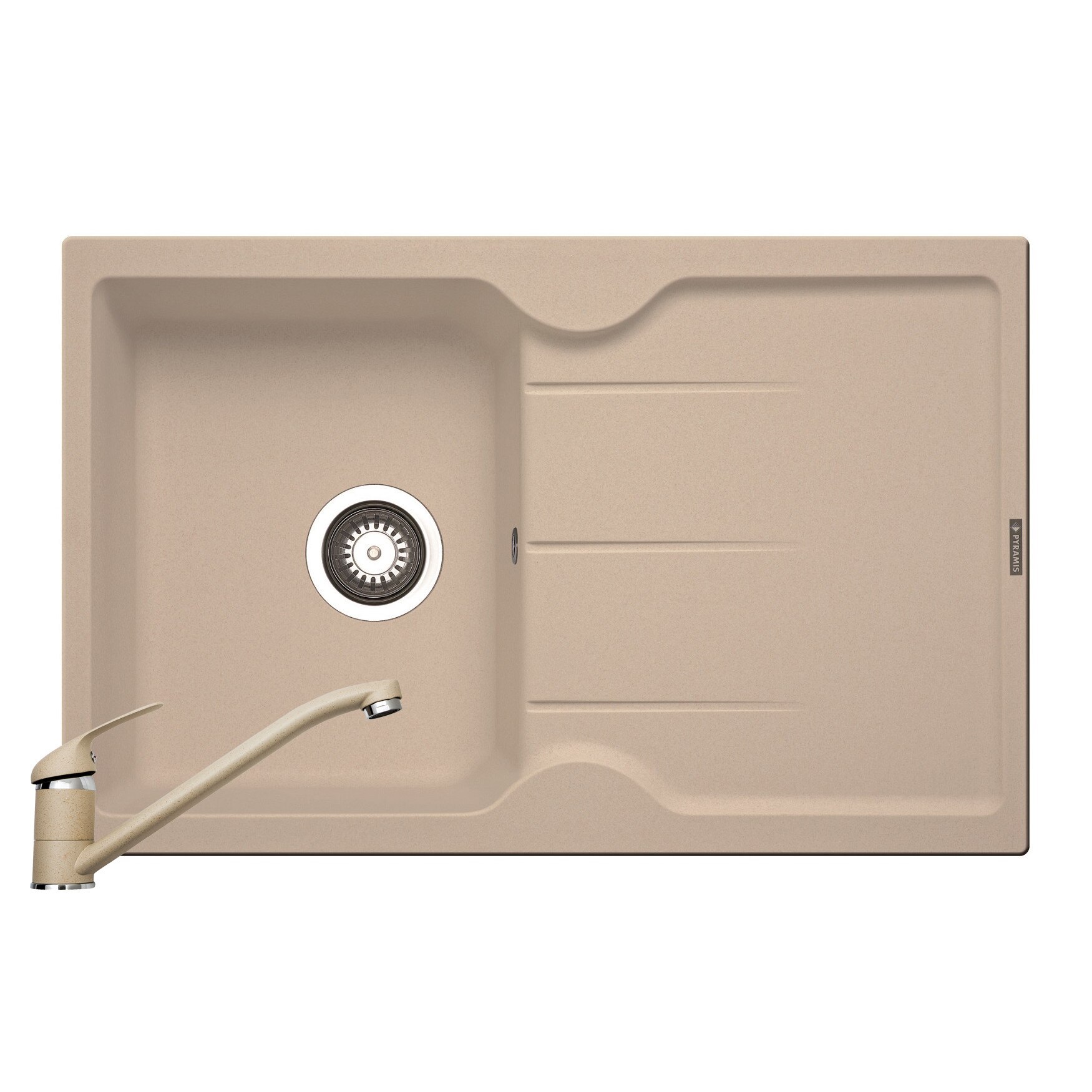 Set Pyramis chiuveta granit PORTOS si baterie ASALIA, 780x500mm, reversibila, adancime 175mm, pipa lunga, finisaj bej