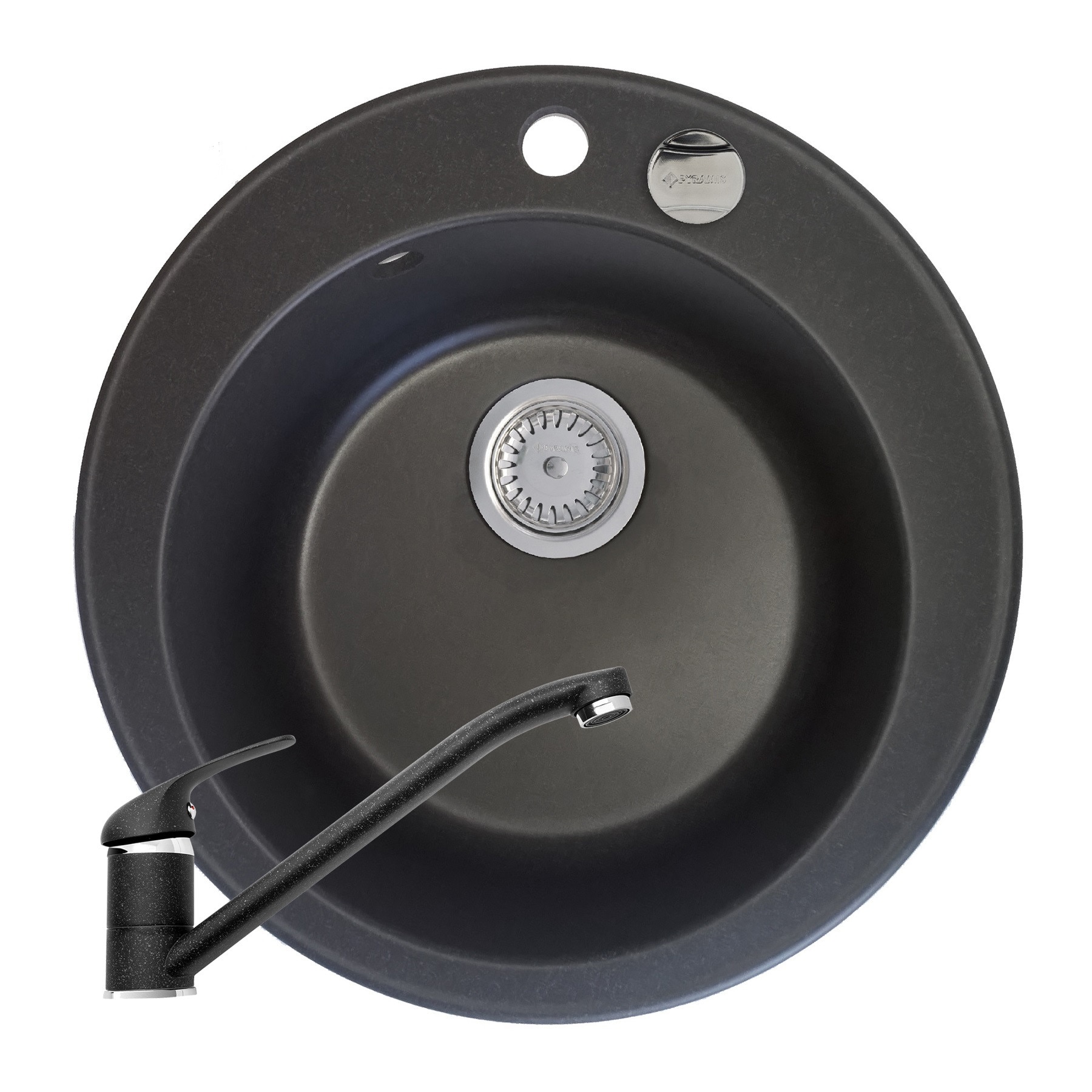 Set Pyramis chiuveta granit ALYA Ø49 si baterie ASALIA, adancime 170mm, pipa lunga, finisaj negru