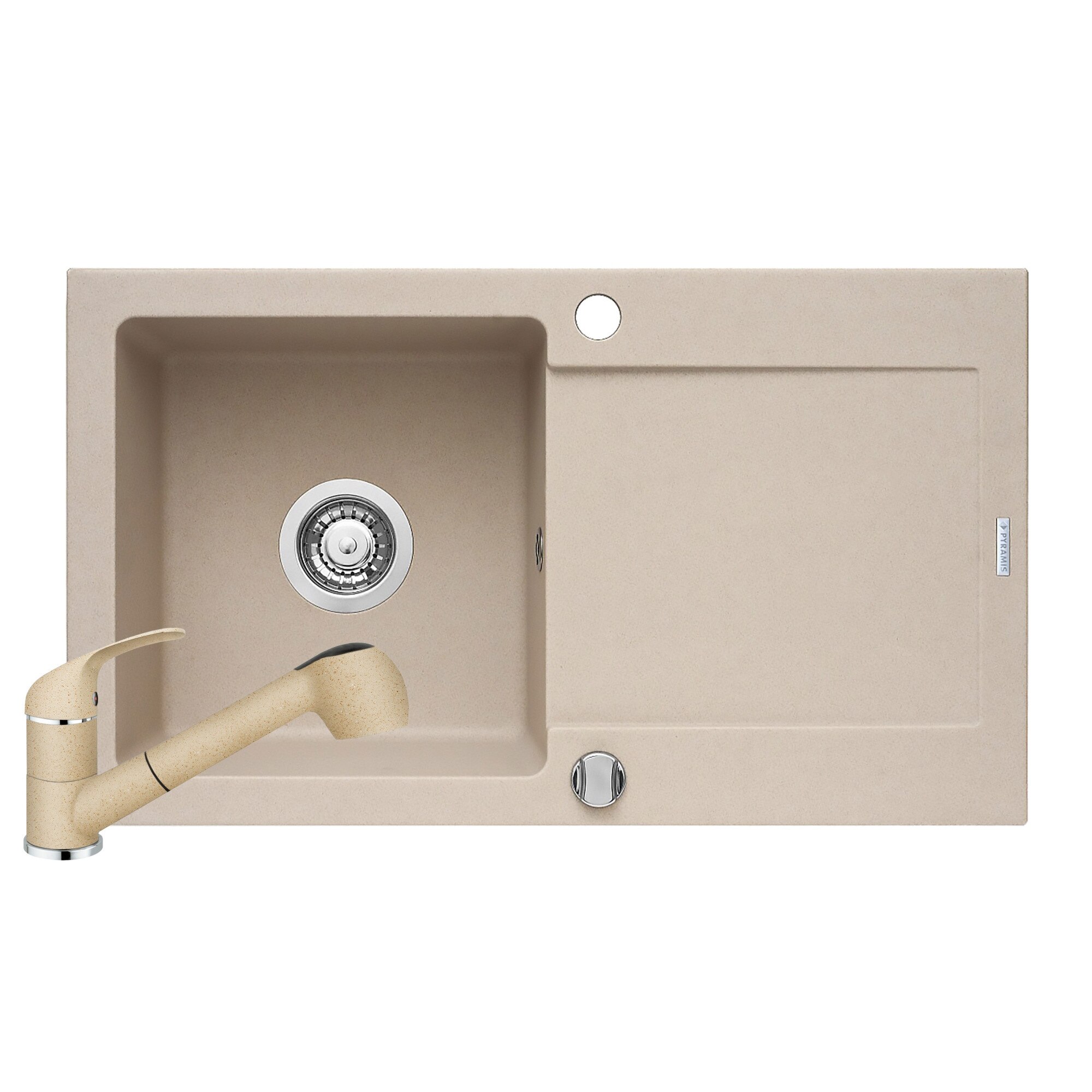 Set Pyramis chiuveta granit LOTUS si baterie FIDO, 760x440mm, adancime 170mm, reversibila, cap extractabil, finisaj Pyragranite bej