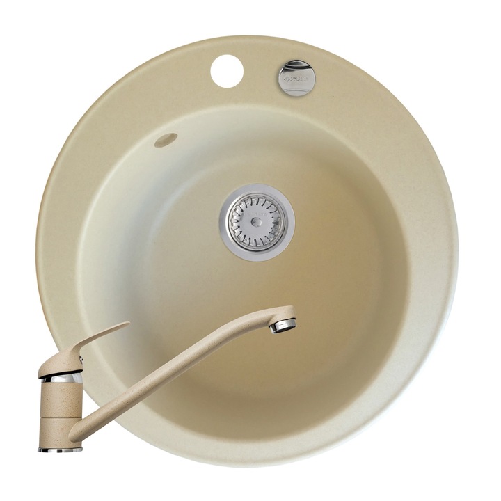 Set Pyramis chiuveta granit ALYA Ø49 si baterie ASALIA, adancime 170mm, pipa lunga, finisaj bej