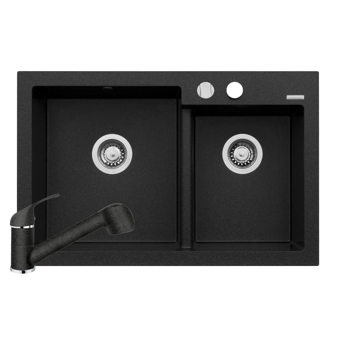 Set Pyramis chiuveta granit DIPLOS si baterie FIDO, 790x510mm, adancime 200mm, cap extractabil, finisaj negru