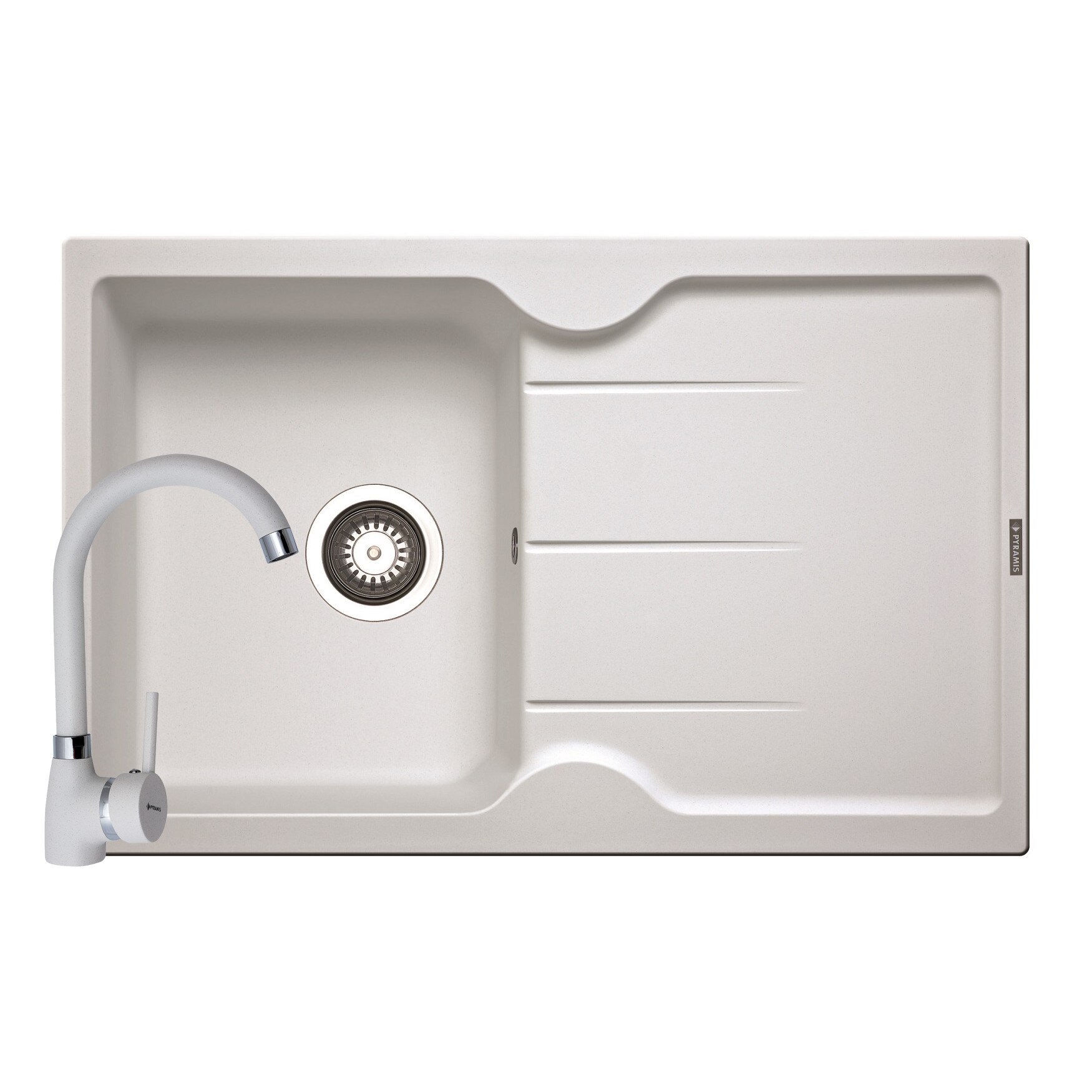 Set Pyramis chiuveta granit PORTOS si baterie, 780x500mm, reversibila, adancime 175mm, pipa inalta, finisaj alb