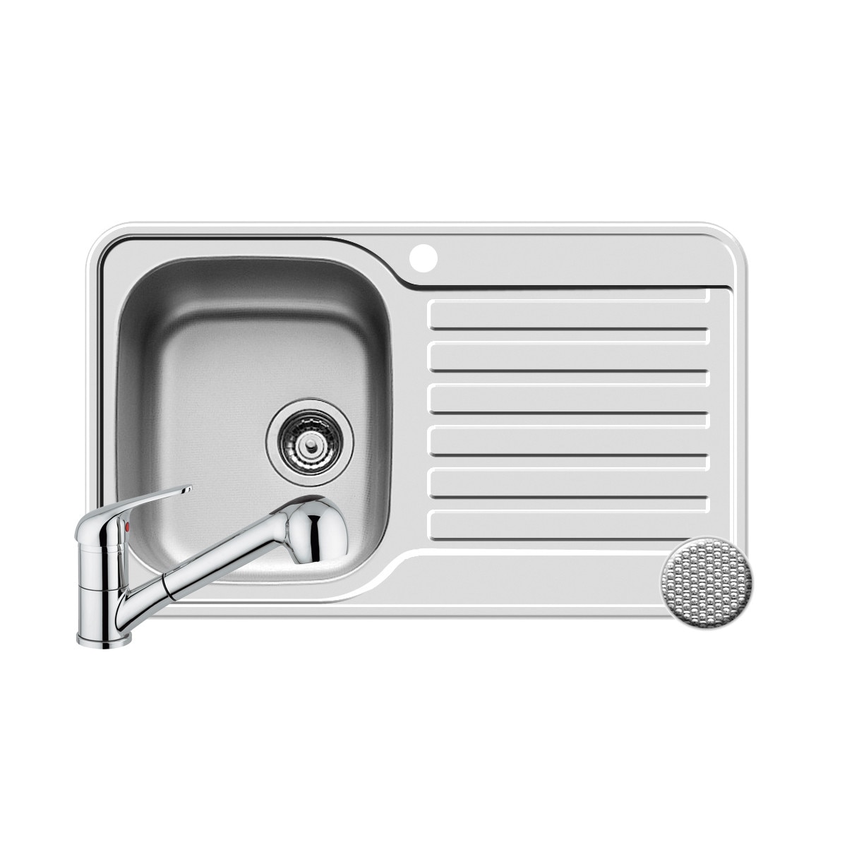 Set Pyramis chiuveta inox SPACE MINI si baterie FIDO crom, 800x480, adancime 180mm, cuva stanga, cap extractabil, finisaj anti zgariere