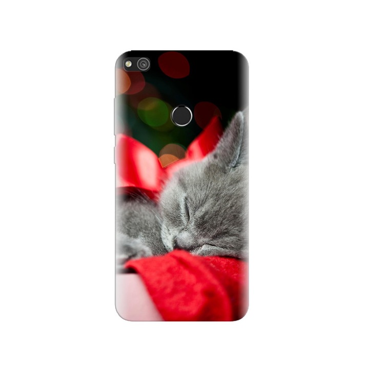 Husa Huawei P8 Lite 2017 Grey Kitten Red Ribbon Christmas Present Bokeh
